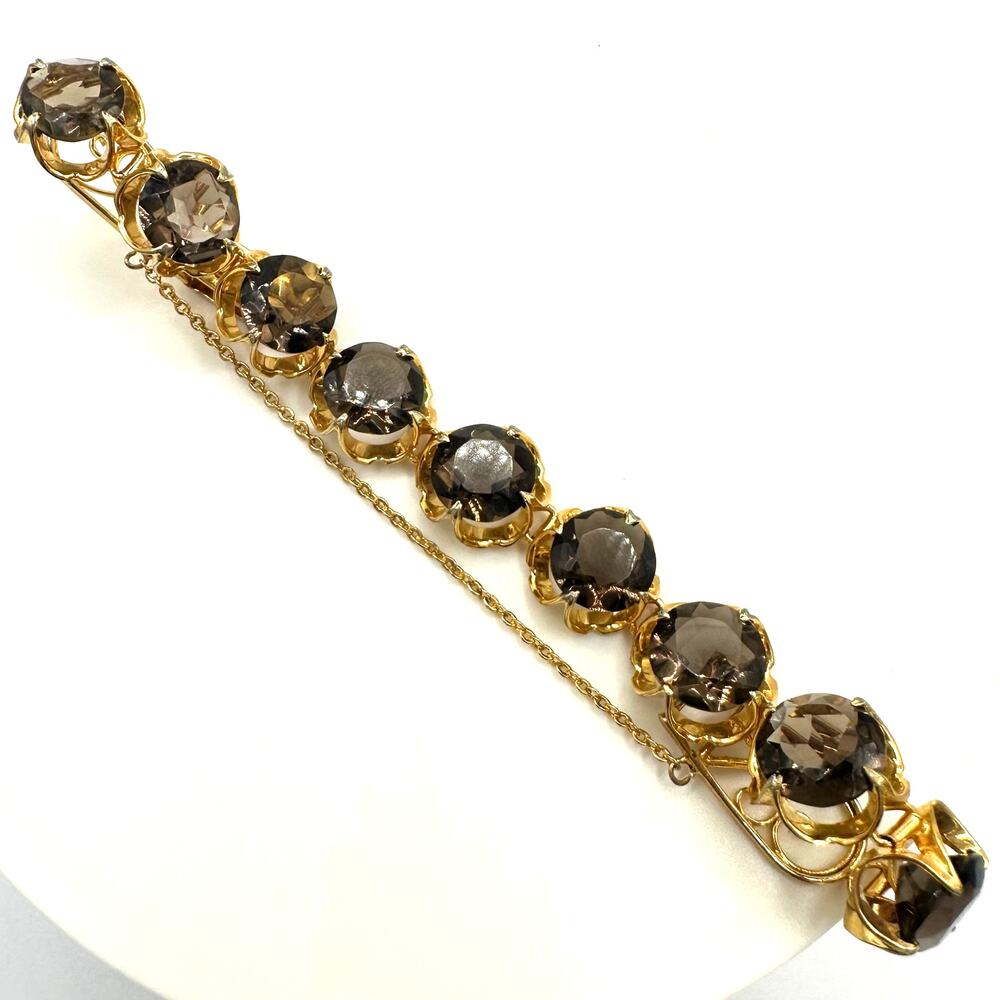Vintage gold plated genuine brown smoky quartz gemstones tennis bracelet 7.25"